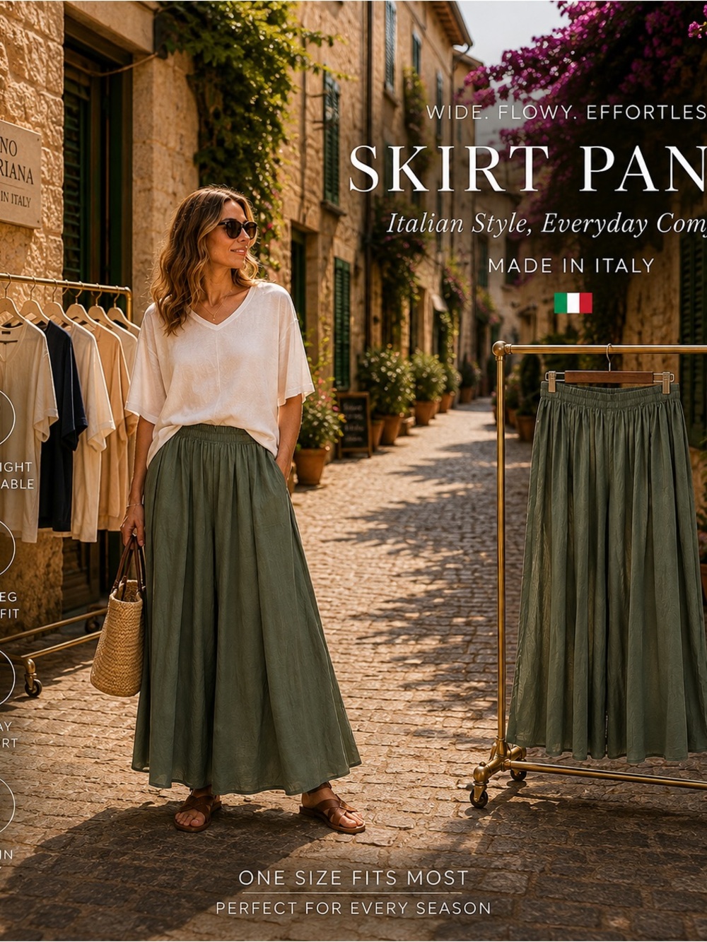 IT015 🇮🇹 Made in Italy Olive Green Wide Leg Palazzo Skirt Pants
